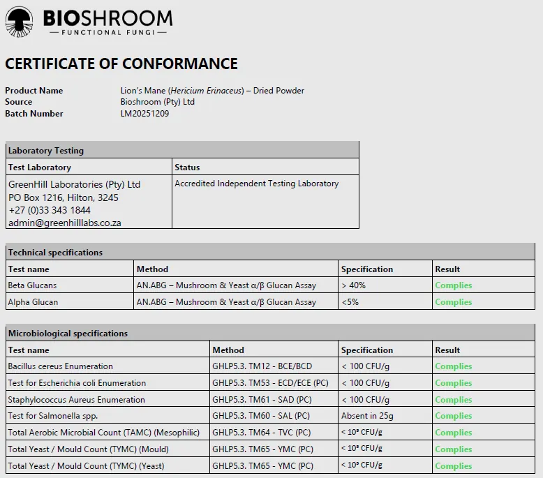 Lion's Mane Certificate of Conformity for quality assurance testing